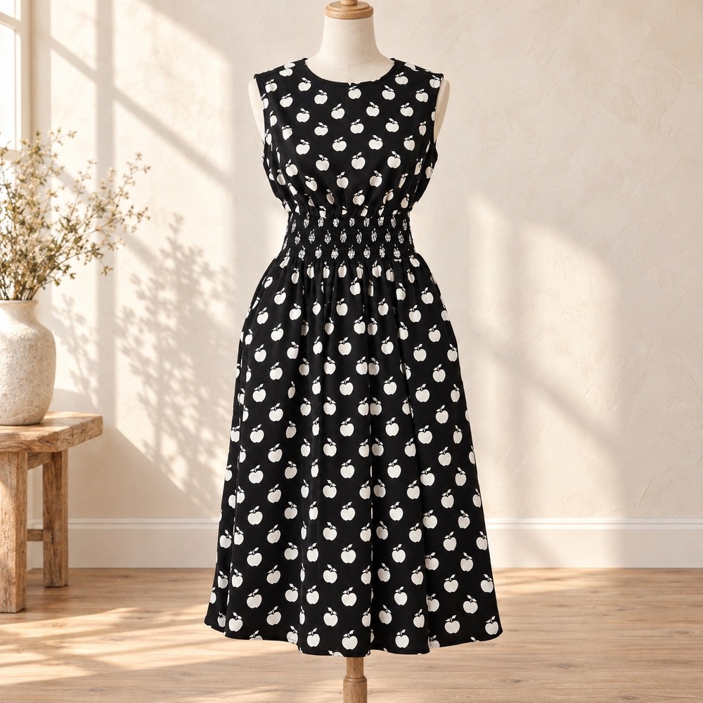 Kate Spade Apple Toss Dress M Black White Midi Smocked Waist Teachercore